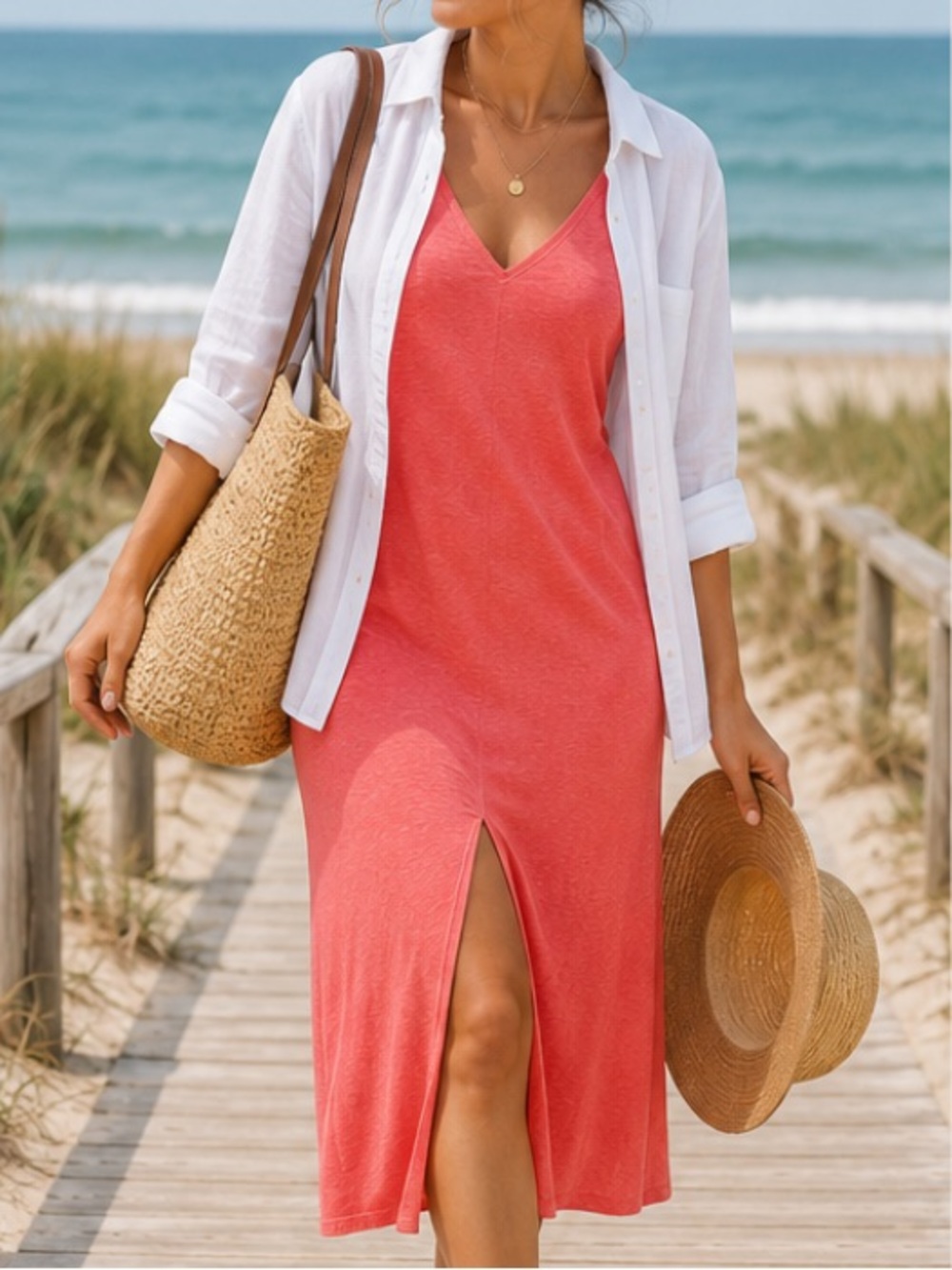 Universal Thread Pink V-Neck Midi Dress with Front Slit